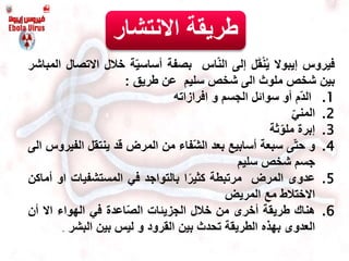 ‫فيروس‬‫إيبوال‬‫ل‬َ‫ق‬ْ‫ن‬ُ‫ي‬‫إلى‬‫اس‬ّ‫ن‬‫ال‬‫بصفة‬‫ة‬ّ‫ي‬‫أساس‬‫خالل‬‫اال‬‫تصال‬‫المباشر‬
‫بين‬‫شخص‬‫ملوث‬‫الى‬‫شخص‬‫سليم‬‫عن‬‫طريق‬:
.1‫ّم‬‫د‬‫ال‬‫أو‬‫سوائل‬‫الجسم‬‫و‬‫افرازاته‬
.2ّ‫المني‬
.3‫إبرة‬‫ثة‬ّ‫ملو‬
.4‫و‬‫ى‬ّ‫ت‬‫ح‬‫سبعة‬‫أسابيع‬‫بعد‬‫ّفاء‬‫ش‬‫ال‬‫من‬‫المرض‬‫قد‬‫ينتقل‬‫ال‬‫فيروس‬‫الى‬
‫جسم‬‫شخص‬‫سليم‬
.5‫عدوى‬‫المرض‬‫مرتبطة‬‫ا‬ً‫كثير‬‫بالتواجد‬‫في‬‫المستشفيات‬‫او‬‫أماكن‬
‫االختالط‬‫مع‬‫المريض‬
.6‫هناك‬‫طريقة‬‫أخرى‬‫من‬‫خالل‬‫الجزيئات‬‫اعدة‬ّ‫ص‬‫ال‬‫في‬‫الهواء‬‫اال‬‫أن‬
‫العدوى‬‫بهذه‬‫الطريقة‬‫تحدث‬‫بين‬‫القرود‬‫و‬‫ليس‬‫بين‬‫البشر‬.
‫االنتش‬ ‫طريقة‬‫ار‬
 