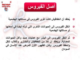 ‫أ‬‫الفيروس‬ ‫صل‬
‫عتقد‬ُ‫ي‬‫أن‬‫الخفافيش‬‫كانت‬‫تأوي‬‫الفيروس‬‫في‬‫مسالكها‬‫ال‬‫هضمية‬
‫انتقل‬‫الفيروس‬‫إلى‬‫الحيوانات‬‫األخرى‬‫التي‬‫آوته‬‫أيضا‬‫في‬‫أمعائها‬
‫أو‬‫مسالكها‬‫الهضمية‬
‫ثم‬‫انتقل‬‫الفيروس‬‫إلى‬‫البشر‬‫مع‬‫عمليات‬‫صيد‬‫وأكل‬‫الحيو‬‫انات‬
‫المصابة‬.‫عتقد‬ُ‫ي‬‫و‬‫أن‬‫كال‬‫من‬‫الخفافيش‬‫والخنازير‬‫والكالب‬‫تنقل‬
‫وتحفظ‬‫الفيروس‬.‫وكان‬‫الظهور‬‫األول‬‫للمرض‬‫عند‬‫اإلنسان‬‫في‬
‫السودان‬
 