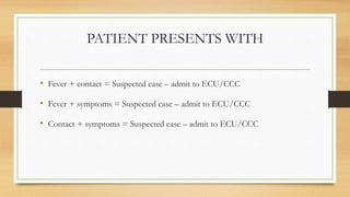 PATIENT PRESENTS WITH
• Fever + contact = Suspected case – admit to ECU/CCC
• Fever + symptoms = Suspected case – admit to ECU/CCC
• Contact + symptoms = Suspected case – admit to ECU/CCC
 