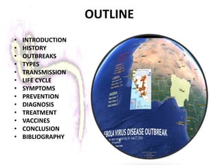 OUTLINE
• INTRODUCTION
• HISTORY
• OUTBREAKS
• TYPES
• TRANSMISSION
• LIFE CYCLE
• SYMPTOMS
• PREVENTION
• DIAGNOSIS
• TREATMENT
• VACCINES
• CONCLUSION
• BIBLIOGRAPHY
 