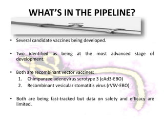 WHAT’S IN THE PIPELINE?
• Several candidate vaccines being developed.
• Two identified as being at the most advanced stage of
development.
• Both are recombinant vector vaccines:
1. Chimpanzee adenovirus serotype 3 (cAd3-EBO)
2. Recombinant vesicular stomatitis virus (rVSV-EBO)
• Both are being fast-tracked but data on safety and efficacy are
limited.
 