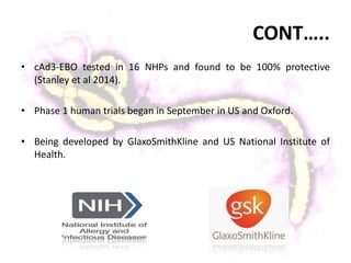 CONT…..
• cAd3-EBO tested in 16 NHPs and found to be 100% protective
(Stanley et al 2014).
• Phase 1 human trials began in September in US and Oxford.
• Being developed by GlaxoSmithKline and US National Institute of
Health.
 