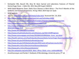 • Kortepeter MG, Bausch DG, Bray M. Basic Cpnical and Laboratory Features of Filoviral
Hemorrhagic Fever. J Infect Dis. 2011 Nov;204 Suppl 3:S810-6
• WHO Ebola Response Team. Ebola Virus Disease in West Africa – The First 9 Months of the
Epidemic and Forward Projections. N Eng J Med. 2014 Sept 23. Epub
• WHO website
• Source: http://www.cdc.gov/vhf/ebola/index.html Accessed Oct. 14, 2014
• http://www.medterms.com/script/main/art.asp?articlekey=6490
• http://www.cdc.gov/ncidod/dvrd/spb/mnpages/dispages/ebola/ebolamap.htm
• http://www.psmid.org.ph/vol25/vol25num1topic9.pdf
• http://www.dailygalaxy.com/my_weblog/2009/07/a-hot-zone-sequel-a-new-ebola-virus-
detected-in-pigs.html
• http://www.rkm.com.au/virus/ebola/
• http://www.virtualmedicalcentre.com/diseases.asp?did=321#Prognosis
• http://www.scienceagogo.com/news/20100431010042data_trunc_sys.shtml
• http://health.nytimes.com/health/guides/disease/ebola-hemorrhagic-fever/overview.html
• http://www.cdc.gov/vhf/ebola/outbreaks/guinea/
• http://www.cdc.gov/vhf/ebola/outbreaks/2014-west-africa/case-counts.html
• http://www.who.int/csr/don/archive/disease/ebola/en/
• http://www.who.int/csr/disease/ebola/en/
• http://en.wikipedia.org/wiki/2014_West_Africa_Ebola_virus_outbreak#India
• Ananthanarayan and Paniker’s Textbook of Microbiology, University press, 9th ed.
 