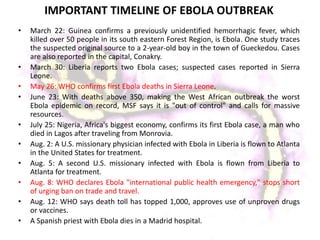 IMPORTANT TIMELINE OF EBOLA OUTBREAK
• March 22: Guinea confirms a previously unidentified hemorrhagic fever, which
killed over 50 people in its south eastern Forest Region, is Ebola. One study traces
the suspected original source to a 2-year-old boy in the town of Gueckedou. Cases
are also reported in the capital, Conakry.
• March 30: Liberia reports two Ebola cases; suspected cases reported in Sierra
Leone.
• May 26: WHO confirms first Ebola deaths in Sierra Leone.
• June 23: With deaths above 350, making the West African outbreak the worst
Ebola epidemic on record, MSF says it is "out of control" and calls for massive
resources.
• July 25: Nigeria, Africa's biggest economy, confirms its first Ebola case, a man who
died in Lagos after traveling from Monrovia.
• Aug. 2: A U.S. missionary physician infected with Ebola in Liberia is flown to Atlanta
in the United States for treatment.
• Aug. 5: A second U.S. missionary infected with Ebola is flown from Liberia to
Atlanta for treatment.
• Aug. 8: WHO declares Ebola "international public health emergency," stops short
of urging ban on trade and travel.
• Aug. 12: WHO says death toll has topped 1,000, approves use of unproven drugs
or vaccines.
• A Spanish priest with Ebola dies in a Madrid hospital.
 