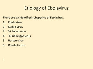Etiology of Ebolavirus
There are six identified subspecies of Ebolavirus.
1. Ebola virus
2. Sudan virus
3. Taï Forest virus
4. Bundibugyo virus
5. Reston virus
6. Bombali virus
.
 