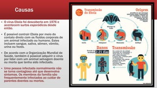 Causas
 O vírus Ebola foi descoberto em 1976 e
acontecem surtos esporádicos desde
então.
 É possível contrair Ebola por meio do
contato direto com os fluidos corporais de
um animal infectado ou humano. Estes
incluem sangue, saliva, sêmen, vômito,
urina ou fezes.
 De acordo com a Organização Mundial de
Saúde, também é possível adquirir o vírus
por lidar com um animal selvagem doente
ou morto que tenha sido infectado.
 Uma pessoa infectada normalmente não
se torna contagiosa até que desenvolva
sintomas. Os membros da família são
frequentemente infectados ao cuidar de
parentes doentes ou mortos.
 