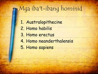 Mga iba't-ibang hominid 
1. Australopithecine 
2. Homo habilis 
3. Homo erectus 
4. Homo neanderthalensis 
5. Homo sapiens 
 