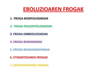 EBOLUZIOAREN FROGAK
1. FROGA MORFOLOGIKOAK

2. FROGA PALEONTOLOGIKOAK

3. FROGA ENBRIOLOGIKOAK

4. FROGA BIOKIMIKOAK

5. FROGA BIOGEOGRAFIKOAK

6. ETXEKOTZEAREN FROGAK

7. SISTEMATIKAREN FROGAK
 