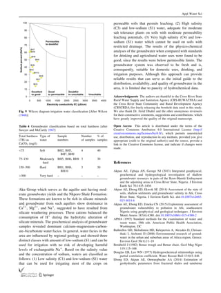 Aku Group which serves as the aquifer unit having mod-
erate groundwater yields and the Nkporo Shale Formation.
These formations are known to be rich in silicate minerals
and groundwater from such aquifers show dominance in
Ca2?
, Mg2?
, and Na?
, suggested to have resulted from
silicate weathering processes. These cations balanced the
consumption of H?
during the hydrolytic alteration of
silicate minerals. The geochemical analysis of groundwater
samples revealed dominant calcium–magnesium–carbon-
ate–bicarbonate water facies. In general, water facies in the
area are inﬂuenced by regional geology and showed three
distinct classes with amount of low-sodium (S1) and can be
used for irrigation with no risk of developing harmful
levels of exchangeable Na?
. Based on the salinity value
and the concentration of sodium, waters are classiﬁed as
follows: (1) Low salinity (C1) and low-sodium (S1) water
that can be used for irrigating most of the crops on
permeable soils that permits leaching. (2) High salinity
(C3) and low-sodium (S1) water, adequate for moderate
salt tolerance plants on soils with moderate permeability
leaching potentials. (3) Very high salinity (C4) and low-
sodium (S1) water which cannot be used on soils with
restricted drainage. The results of the physico-chemical
analyses of the groundwater when compared with standards
for drinking and agricultural water uses were found to be
good, since the results were below permissible limits. The
groundwater system was observed to be fresh and is,
consequently, suitable for domestic uses, drinking, and
irrigation purposes. Although this approach can provide
reliable results that can serve as the initial guide to the
distribution, availability, and quality of groundwater in the
area, it is limited due to paucity of hydrochemical data.
Acknowledgments The authors are thankful to the Cross River State
Rural Water Supply and Sanitation Agency (CRS-RUWATSSA) and
the Cross River State Community and Rural Development Agency
(CRSCRDA) for freely releasing the borehole data used in this study.
We also thank Dr. Ferid Dhahri and the other anonymous reviewers
for their constructive comments, suggestions and contributions, which
have greatly improved the quality of the original manuscript.
Open Access This article is distributed under the terms of the
Creative Commons Attribution 4.0 International License (http://
creativecommons.org/licenses/by/4.0/), which permits unrestricted
use, distribution, and reproduction in any medium, provided you give
appropriate credit to the original author(s) and the source, provide a
link to the Creative Commons license, and indicate if changes were
made.
References
Akpan AE, Ugbaja AN, George NJ (2013) Integrated geophysical,
geochemical and hydrogeological investigation of shallow
groundwater resources in parts of the Ikom-Mamfe Embayment
and the adjoining areas in Cross River State, Nigeria. J Environ
Earth Sci 70:1435–1456
Akpan AE, Ebong ED, Ekwok SE (2014) Assessment of the state of
soils, shallow sediments and groundwater salinity in Abi, Cross
River State, Nigeria. J Environ Earth Sci. doi:10.1007/s12665-
015-4014-6
Akpan AE, Ebong ED, Emeka CN (2015) Exploratory assessment of
groundwater vulnerability to pollution in Abi, southeastern
Nigeria using geophysical and geological techniques. J Environ
Monit Assess 187(4):4380. doi:10.1007/s10661-015-4380-2
APHA (1995) Standard methods for the examination of water and
waste water, 19th edn. American Public Health Association,
Washington, DC
Bathrellos GD, Skilodimou HD, Kelepertsis A, Alexakis D, Chrisan-
thaki I, Archonti D (2008) Environmental research of ground-
water in the urban and suburban areas of Attica region, Greece.
Environ Geol 56(1):11–18
Benkhelil J (1982) Benue trough and Benue chain. Geol Mag Niger
119:115–168
Douglas EB, Leo WN (1977) Hydrogeochemical relationships using
partial correlation coefﬁcient. Water Resour Bull 13:843–846
Ebong ED, Akpan AE, Onwuegbuche AA (2014) Estimation of
geohydraulic parameters from fractured shales and sandstone
Fig. 9 Wilcox diagram irrigation water classiﬁcation [After Wilcox
(1948)]
Table 4 Groundwater classiﬁcation based on total hardness [after
Sawyer and McCartly 1967]
Total hardness
(TH) as
CaCO3 (mg/l)
Type of
water
Sample
numbers
Number
of samples
% of
samples
75 Soft BH2, BH3,
BH7, BH9
4 40
75–150 Moderately
hard
BH5, BH6, BH8 3 30
150–300 Hard BH1, BH4,
BH10
3 30
[300 Very hard – – –
Appl Water Sci
123
 