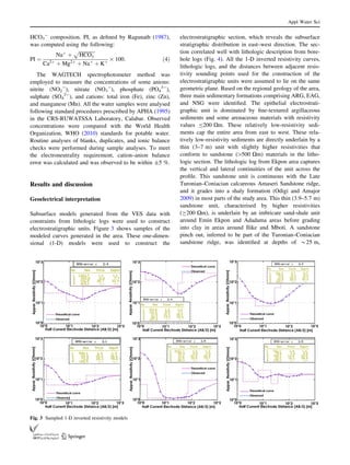 HCO3
-
composition. PI, as deﬁned by Ragunath (1987),
was computed using the following:
PI ¼
Naþ
þ
ﬃﬃﬃﬃﬃﬃﬃﬃﬃﬃﬃﬃﬃ
HCOÀ
3
p
Ca2þ
þ Mg2þ
þ Naþ
þ Kþ
Â 100: ð4Þ
The WAGTECH spectrophotometer method was
employed to measure the concentrations of some anions:
nitrite (NO2
-
), nitrate (NO3
-
), phosphate (PO4
3-
),
sulphate (SO4
2-
), and cations: total iron (Fe), zinc (Zn),
and manganese (Mn). All the water samples were analysed
following standard procedures prescribed by APHA (1995)
in the CRS-RUWATSSA Laboratory, Calabar. Observed
concentrations were compared with the World Health
Organization, WHO (2010) standards for potable water.
Routine analyses of blanks, duplicates, and ionic balance
checks were performed during sample analyses. To meet
the electroneutrality requirement, cation–anion balance
error was calculated and was observed to be within ±5 %.
Results and discussion
Geoelectrical interpretation
Subsurface models generated from the VES data with
constraints from lithologic logs were used to construct
electrostratigraphic units. Figure 3 shows samples of the
modeled curves generated in the area. These one-dimen-
sional (1-D) models were used to construct the
electrostratigraphic section, which reveals the subsurface
stratigraphic distribution in east–west direction. The sec-
tion correlated well with lithologic description from bore-
hole logs (Fig. 4). All the 1-D inverted resistivity curves,
lithologic logs, and the distances between adjacent resis-
tivity sounding points used for the construction of the
electrostratigraphic units were assumed to lie on the same
geometric plane. Based on the regional geology of the area,
three main sedimentary formations comprising ARG, EAG,
and NSG were identiﬁed. The epithelial electrostrati-
graphic unit is dominated by ﬁne-textured argillaceous
sediments and some arenaceous materials with resistivity
values B200 Xm. These relatively low-resistivity sedi-
ments cap the entire area from east to west. These rela-
tively low-resistivity sediments are directly underlain by a
thin (3–7 m) unit with slightly higher resistivities that
conform to sandstone ([500 Xm) materials in the litho-
logic section. The lithologic log from Ekpon area captures
the vertical and lateral continuities of the unit across the
proﬁle. This sandstone unit is continuous with the Late
Turonian–Coniacian calcareous Amaseri Sandstone ridge,
and it grades into a shaly formation (Odigi and Amajor
2009) in most parts of the study area. This thin (3.9–5.7 m)
sandstone unit, characterised by higher resistivities
(C200 Xm), is underlain by an imbricate sand-shale unit
around Emin Ekpon and Adadama areas before grading
into clay in areas around Ilike and Mboti. A sandstone
pinch out, inferred to be part of the Turonian–Coniacian
sandstone ridge, was identiﬁed at depths of *25 m,
Fig. 3 Sampled 1-D inverted resistivity models
Appl Water Sci
123
 