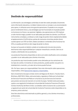 10 patrones gráficos que todo trader profesional debe conocer
Deslinde de responsabilidad	 	 	 	 		
				
La información y las estrategias contenidas en este libro están pensadas únicamente
como información educativa y no deben tratarse como un consejo o una recomendación
para operar, ni utilizarse como única guía de operaciones. El pasado no es una guía
para el rendimiento futuro, y las estrategias que han funcionado en el pasado pueden
no funcionar en el futuro. Las opciones*
digitales y las operaciones con CFD implican
un alto nivel de riesgo y pueden no ser adecuadas para todos los clientes. Los CFD son
instrumentos complejos y conllevan un alto riesgo de perder dinero rápidamente debido
al apalancamiento. El 62% de las cuentas de inversores minoristas pierden dinero
cuando operan con CFD con Deriv. Debes considerar si entiendes cómo funcionan los
CFD y si puedes permitirte el alto riesgo de perder tu dinero.
Aunque se ha puesto el debido cuidado en la elaboración de este documento,
declinamos toda responsabilidad por cualquier inexactitud u omisión. Deriv es el
creador y distribuidor de sus productos.
Los productos financieros disponibles en deriv.com están clasificados como complejos
y pueden no ser adecuados para clientes minoristas.			
Los productos aquí mencionados pueden verse afectados por las variaciones de
los tipos de cambio. Si inviertes en estos productos, puedes perder una parte o la
totalidad de tu inversión, y el valor de la misma puede fluctuar.
18+ Por favor, opera con responsabilidad. Para más información sobre operaciones
responsables, visita Operaciones seguras y responsables.
Deriv Investments (Europe) Limited, Centro de Negocios W, Nivel 3, Triq Dun Karm,
Birkirkara, BKR 9033, Malta, está autorizada y regulada en Malta por la Autoridad
de Servicios Financieros de Malta en virtud de la Ley de Servicios de Inversión
para prestar servicios de inversión en la Unión Europea. También está autorizada y
sujeta a una regulación limitada por la Autoridad de Conducta Financiera (Financial
Conduct Authority) del Reino Unido. Los detalles sobre el alcance de su autorización
y regulación por parte de la Autoridad de Conducta Financiera están disponibles en la
empresa, previa solicitud.
Este libro electrónico está destinado al público general y a los clientes minoristas y
profesionales.
*  Actualmente no disponible para clientes que residen en la Unión Europea o Reino Unido.
 