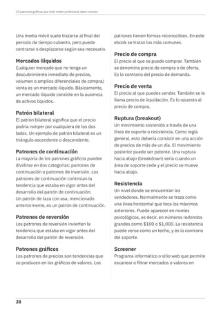Una media móvil suele trazarse al final del
periodo de tiempo cubierto, pero puede
centrarse o desplazarse según sea necesario.
Mercados ilíquidos
Cualquier mercado que no tenga un
descubrimiento inmediato de precios,
volumen o amplios diferenciales de compra/
venta es un mercado ilíquido. Básicamente,
un mercado ilíquido consiste en la ausencia
de activos líquidos.
Patrón bilateral
El patrón bilateral significa que el precio
podría romper por cualquiera de los dos
lados. Un ejemplo de patrón bilateral es un
triángulo ascendente o descendente.
Patrones de continuación
La mayoría de los patrones gráficos pueden
dividirse en dos categorías: patrones de
continuación o patrones de inversión. Los
patrones de continuación continúan la
tendencia que estaba en vigor antes del
desarrollo del patrón de continuación.
Un patrón de taza con asa, mencionado
anteriormente, es un patrón de continuación.
Patrones de reversión
Los patrones de reversión invierten la
tendencia que estaba en vigor antes del
desarrollo del patrón de reversión.
Patrones gráficos
Los patrones de precios son tendencias que
se producen en los gráficos de valores. Los
patrones tienen formas reconocibles. En este
ebook se tratan los más comunes.
Precio de compra
El precio al que se puede comprar. También
se denomina precio de compra o de oferta.
Es lo contrario del precio de demanda.
Precio de venta
El precio al que puedes vender. También se le
llama precio de liquidación. Es lo opuesto al
precio de compra.
Ruptura (breakout)
Un movimiento sostenido a través de una
línea de soporte o resistencia. Como regla
general, esto debería consistir en una acción
de precios de más de un día. El movimiento
posterior puede ser potente. Una ruptura
hacia abajo (breakdown) sería cuando un
área de soporte cede y el precio se mueve
hacia abajo.
Resistencia
Un nivel donde se encuentran los
vendedores. Normalmente se traza como
una línea horizontal que toca los máximos
anteriores. Puede aparecer en niveles
psicológicos, es decir, en números redondos
grandes como $100 o $1,000. La resistencia
puede verse como un techo, y es lo contrario
del soporte.
Screener
Programa informático o sitio web que permite
escanear o filtrar mercados o valores en
10 patrones gráficos que todo trader profesional debe conocer
28
 
