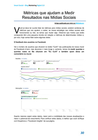 Smart Social – Blog Marketing Digital 2.0



           Métricas que ajudam a Medir
          Resultados nas Mídias Sociais
                                                   Artigo publicado por mim no Midiaboom




V
        ocê já deve ter ouvido falar de métricas para mídias sociais; existem centenas de
        métricas que nos ajudam, a saber, se nossa estratégia nas mídias sociais está
        funcionando ou não, se temos que mudar algo. Observei que muitos que estão
começando têm uma pequena dúvida em relação a métricas de determinadas mídias e,
por isso, hoje vamos falar sobre algumas delas.

O feedback dos usuários no Facebook

Ver o número de usuários que clicaram no botão "Curtir" nas publicações do nosso mural
do Facebook é bom, mas devemos ir mais longe e, portanto, temos de medir quantas e
quantas vezes os fãs clicaram em "Eu Curti" e também quem deixa um
comentário no mural.




Quanto maiores sejam estes dados, maior será a visibilidade das nossas atualizações e
maior o potencial de crescimento. Para verificar estes dados, é melhor que você verifique
com frequência o “Facebook Insights” da sua página.




                                                                                    30
 