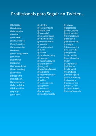Smart Social – Blog Marketing Digital 2.0




Profissionais para Seguir no Twitter...

@laismaciel                        @mktblog           @fseixsas
@midasblog                         @escoladinheiro    @andretelles
@dianapadua                        @Midiatismo        @redes_sociais
                                   @fernandaf         @pontocriativo
@midia8
                                   @arenapontocom     @primatadesign
@PlinioMKT
                                   @omelhordomkt      @josetelmo
@oclaudiotorres                    @comunicadores     @daniladourado
@marthagabirel                     @tarushijio        @samegui
@chocoladesign                     @marciaceschini    @designcoletivo
@mktblog                           @chmkt             @ninocarvalho
@marketingnaweb                    @brains9           @BlogdoGipo
                                   @CidadeMarketing   @senhorvillela
@interney
                                   @idegasperi        @portalbranding
@admnews                           @marketingnaweb    @JrSiri
@mslemos                           @raquelrecuero     @sandraturchi
@empreendemia                      @eloy_vieira       @midiabuzz
@avemarketing                      @MundodasMarcas    @radarsocial
@acriativos                        @gabrieleite       @zoomdigital
@blogcitario                       @blogcomunicacao   @mentesdigitais
                                   @tecnoblog         @pontomarketing
@midiaboom
                                   @srchico           @missmoura
@comuniquese                       @camilajoaquina    @betoaloureiro
@plannerfelipe                     @gilgiardelli      @midias_sociai
@kakamachine                       @tecnocrata        @sabrinaalmeida
@upalupa                           @ocappuccino       @maykofranceschi
@IDGNow                            @mundodmarketig




                                                                   51
 