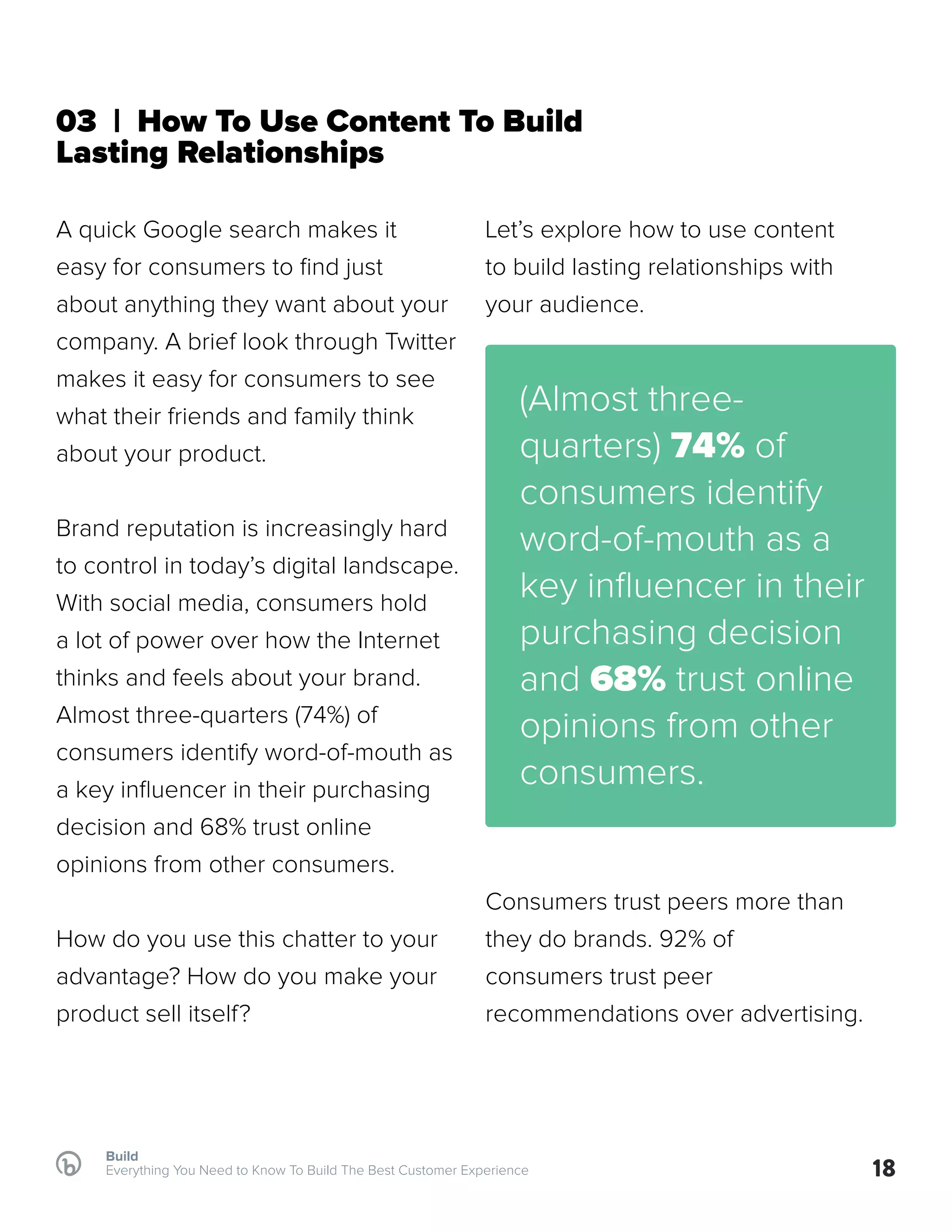 Build
Everything You Need to Know To Build The Best Customer Experience
03 | How To Use Content To Build
Lasting Relationships
A quick Google search makes it
easy for consumers to find just
about anything they want about your
company. A brief look through Twitter
makes it easy for consumers to see
what their friends and family think
about your product.
Brand reputation is increasingly hard
to control in today’s digital landscape.
With social media, consumers hold
a lot of power over how the Internet
thinks and feels about your brand.
Almost three-quarters (74%) of
consumers identify word-of-mouth as
a key influencer in their purchasing
decision and 68% trust online
opinions from other consumers.
How do you use this chatter to your
advantage? How do you make your
product sell itself?
Let’s explore how to use content
to build lasting relationships with
your audience.
18
(Almost three-
quarters) 74% of
consumers identify
word-of-mouth as a
key influencer in their
purchasing decision
and 68% trust online
opinions from other
consumers.
Consumers trust peers more than
they do brands. 92% of
consumers trust peer
recommendations over advertising.
 