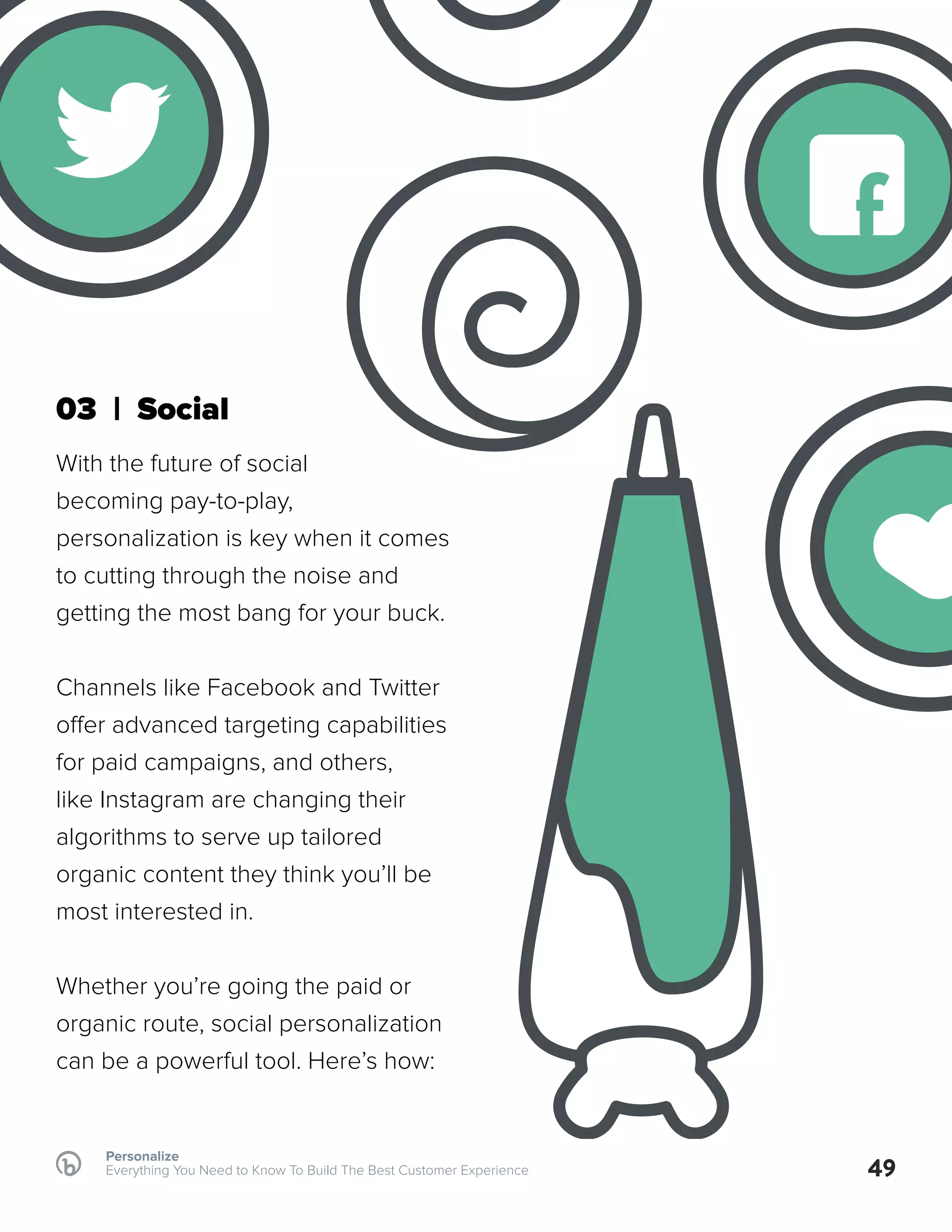 03 | Social
With the future of social
becoming pay-to-play,
personalization is key when it comes
to cutting through the noise and
getting the most bang for your buck.
Channels like Facebook and Twitter
offer advanced targeting capabilities
for paid campaigns, and others,
like Instagram are changing their
algorithms to serve up tailored
organic content they think you’ll be
most interested in.
Whether you’re going the paid or
organic route, social personalization
can be a powerful tool. Here’s how:
49
Personalize
Everything You Need to Know To Build The Best Customer Experience
f
 