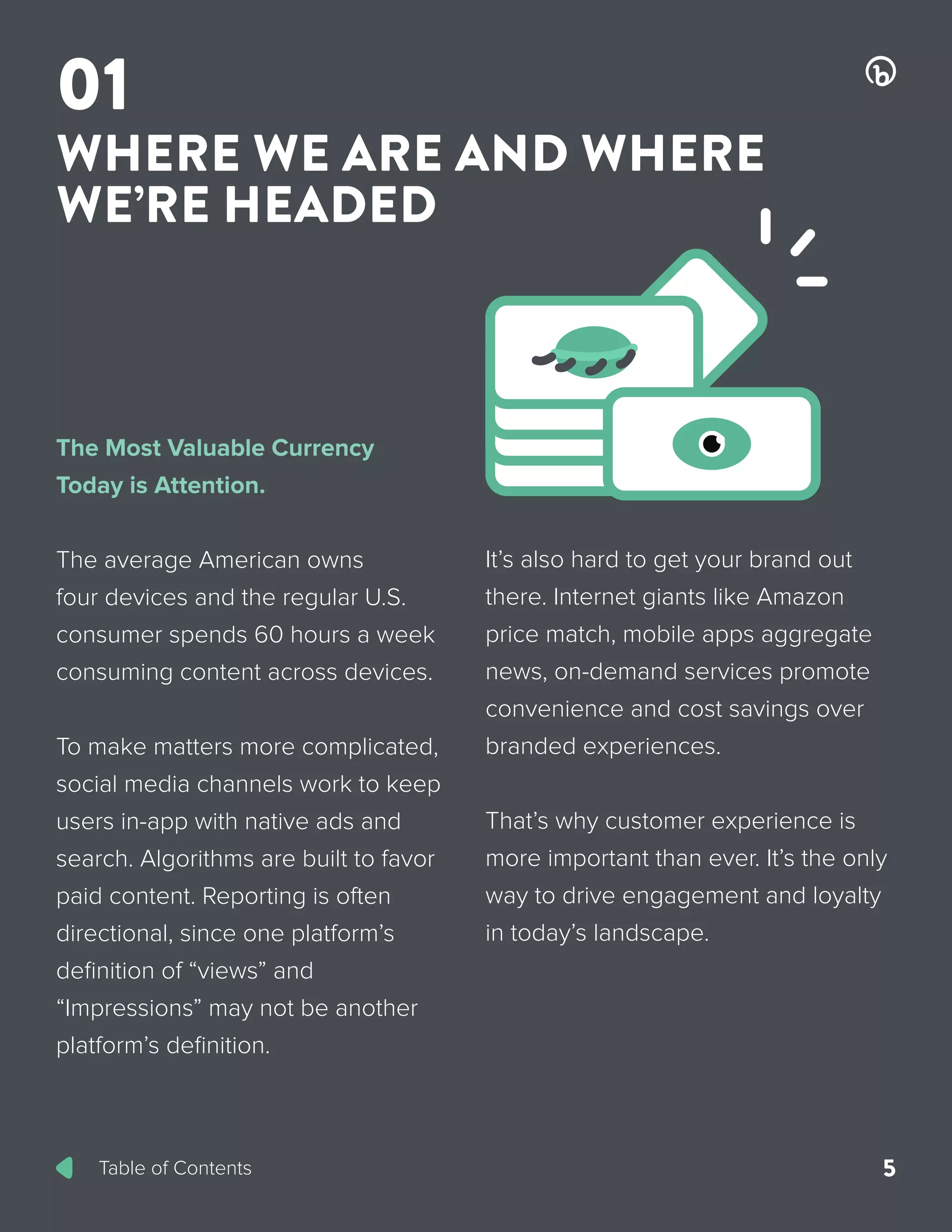 Table of Contents 5
The Most Valuable Currency
Today is Attention.
The average American owns
four devices and the regular U.S.
consumer spends 60 hours a week
consuming content across devices.
To make matters more complicated,
social media channels work to keep
users in-app with native ads and
search. Algorithms are built to favor
paid content. Reporting is often
directional, since one platform’s
definition of “views” and
“Impressions” may not be another
platform’s definition.
It’s also hard to get your brand out
there. Internet giants like Amazon
price match, mobile apps aggregate
news, on-demand services promote
convenience and cost savings over
branded experiences.
That’s why customer experience is
more important than ever. It’s the only
way to drive engagement and loyalty
in today’s landscape.
01
WHERE WE ARE AND WHERE
WE’RE HEADED
 