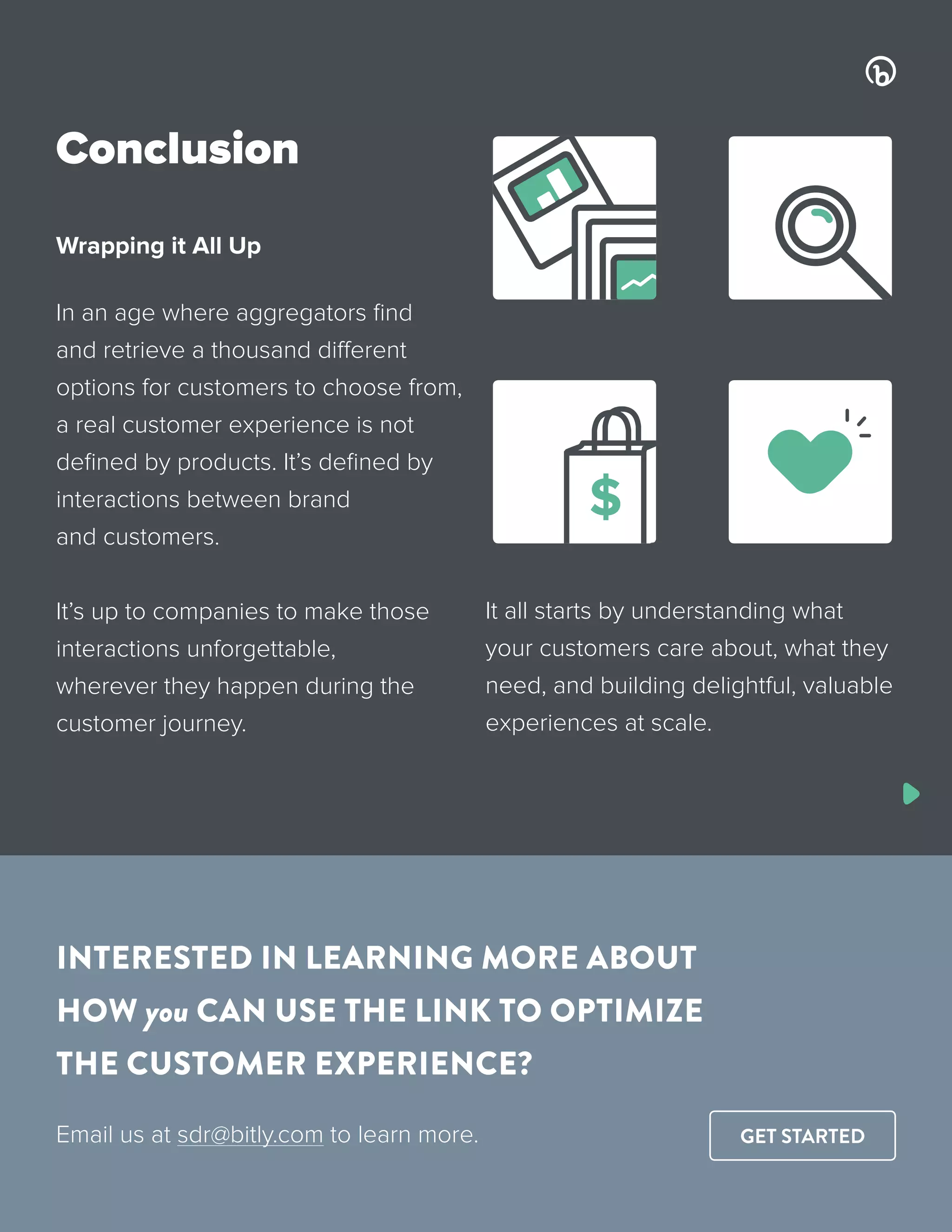 Conclusion
Wrapping it All Up
In an age where aggregators find
and retrieve a thousand different
options for customers to choose from,
a real customer experience is not
defined by products. It’s defined by
interactions between brand
and customers.
It’s up to companies to make those
interactions unforgettable,
wherever they happen during the
customer journey.
It all starts by understanding what
your customers care about, what they
need, and building delightful, valuable
experiences at scale.
INTERESTED IN LEARNING MORE ABOUT
HOW you CAN USE THE LINK TO OPTIMIZE
THE CUSTOMER EXPERIENCE?
Email us at sdr@bitly.com to learn more.
$
GET STARTED
Back to the Top
 