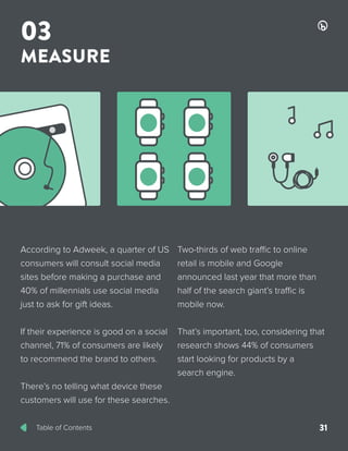 Table of Contents 31
According to Adweek, a quarter of US
consumers will consult social media
sites before making a purchase and
40% of millennials use social media
just to ask for gift ideas.
If their experience is good on a social
channel, 71% of consumers are likely
to recommend the brand to others.
There’s no telling what device these
customers will use for these searches.
Two-thirds of web traffic to online
retail is mobile and Google
announced last year that more than
half of the search giant’s traffic is
mobile now.
That’s important, too, considering that
research shows 44% of consumers
start looking for products by a
search engine.
03
MEASURE
 