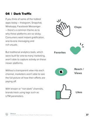 37
04 | Dark Traffic
If you think of some of the hottest
apps today – Instagram, Snapchat,
Whatsapp, Facebook Messenger
– there’s a common theme as to
why these platforms are so sticky.
Consumers want instant gratification,
one-to-one messaging and
rich visuals.
But traditional analytics tools, which
were built for one-to-many marketing,
aren’t able to capture activity on these
newer platforms.
Without a transparent view into each
channel, marketers aren’t able to see
the full picture of how their efforts are
paying off.
With known or “non-dark” channels,
brands track using tags such as
UTM parameters.
Measure
Everything You Need to Know To Build The Best Customer Experience
Reach /
Views
Likes
Claps
Favorites
 