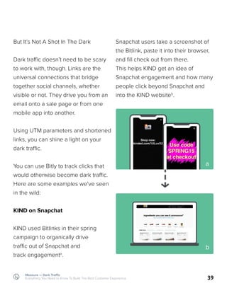 39
But It’s Not A Shot In The Dark
Dark traffic doesn’t need to be scary
to work with, though. Links are the
universal connections that bridge
together social channels, whether
visible or not. They drive you from an
email onto a sale page or from one
mobile app into another.
Using UTM parameters and shortened
links, you can shine a light on your
dark traffic.
You can use Bitly to track clicks that
would otherwise become dark traffic.
Here are some examples we’ve seen
in the wild:
KIND on Snapchat
KIND used Bitlinks in their spring
campaign to organically drive
traffic out of Snapchat and
track engagementa
.
Snapchat users take a screenshot of
the Bitlink, paste it into their browser,
and fill check out from there.
This helps KIND get an idea of
Snapchat engagement and how many
people click beyond Snapchat and
into the KIND websiteb
.
a
b
Measure — Dark Traffic
Everything You Need to Know To Build The Best Customer Experience
 