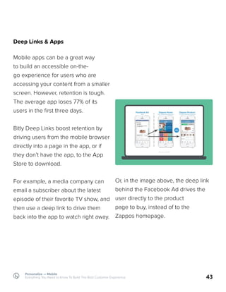 Personalize — Mobile
Everything You Need to Know To Build The Best Customer Experience 43
Deep Links & Apps
Mobile apps can be a great way
to build an accessible on-the-
go experience for users who are
accessing your content from a smaller
screen. However, retention is tough.
The average app loses 77% of its
users in the first three days.
Bitly Deep Links boost retention by
driving users from the mobile browser
directly into a page in the app, or if
they don’t have the app, to the App
Store to download.
For example, a media company can
email a subscriber about the latest
episode of their favorite TV show, and
then use a deep link to drive them
back into the app to watch right away.
Or, in the image above, the deep link
behind the Facebook Ad drives the
user directly to the product
page to buy, instead of to the
Zappos homepage.
 