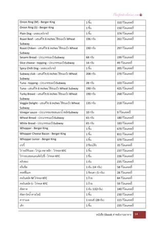  
Onion Ring (M) ‐ Berger King                            1 ชิ ้น                     310 กิโลแคลอรี่  
Onion Ring (S) ‐ Berger King                            1 ชิ ้น                     150 กิโลแคลอรี่  
Plain Dog ‐ มอสเบอร์ เกอร์                              1 ชิ ้น                     374 กิโลแคลอรี่  
Roast Beef ‐ แซนด์วิช 6 inches ใช้ ขนมปั ง Wheat        196 กรัม                    261 กิโลแคลอรี่  
Subway 
Roast Chiken ‐ แซนด์วิช 6 inches ใช้ ขนมปั ง Wheat      190 กรัม                    297 กิโลแคลอรี่  
Subway 
Sesami Bread ‐ ประเภทขนมปั งSubway                      68 กรัม                     199 กิโลแคลอรี่  
Slice cheese ‐ topping ‐ ประเภทขนมปั งSubway            14 กรัม                     49 กิโลแคลอรี่  
Spicy Chilli Dog ‐ มอสเบอร์ เกอร์                       1 ชิ ้น                     395 กิโลแคลอรี่  
Subway club ‐ แซนด์วิช 6 inches ใช้ ขนมปั ง Wheat       208 กรัม                    270 กิโลแคลอรี่  
Subway 
Tuna ‐ topping ‐ ประเภทขนมปั งSubway                    28 กรัม                     103 กิโลแคลอรี่  
Tuna ‐ แซนด์วิช 6 inches ใช้ ขนมปั ง Wheat Subway       190 กรัม                    425 กิโลแคลอรี่  
Turky Breast ‐ แซนด์วิช 6 inches ใช้ ขนมปั ง Wheat      190 กรัม                    268 กิโลแคลอรี่  
Subway 
Veggie Delight ‐ แซนด์วิช 6 inches ใช้ ขนมปั ง Wheat    135 กรัม                    218 กิโลแคลอรี่  
Subway 
Vinegar sauce ‐ ประเภทของซอสและนํ ้าสลัดSubway          10 กรัม                     9 กิโลแคลอรี่  
Wheat Bread ‐ ประเภทขนมปั งSubway                       65 กรัม                     180 กิโลแคลอรี่  
White Bread ‐ ประเภทขนมปั งSubway                       65 กรัม                     183 กิโลแคลอรี่  
Whopper ‐ Berger King                                   1 ชิ ้น                     670 กิโลแคลอรี่  
Whopper Cheese Bacon ‐ Berger King                      1 ชิ ้น                     811 กิโลแคลอรี่  
Whopper Junior ‐ Berger King                            1 ชิ ้น                     370 กิโลแคลอรี่  
เกรวี่                                                  2 ช้ อนโต๊ ะ                35 กิโลแคลอรี่  
ไก่ ออริ จินอล / ไก่น่ม คลาสสิก - ไก่ทอด KFC 
                      ุ                                 1 ชิ ้น                     237 กิโลแคลอรี่  
ไก่กรอบฮอตแอนด์สไปซี่ ‐ ไก่ทอด KFC                      1 ชิ ้น                     236 กิโลแคลอรี่  
ครัวซอง                                                 1 อัน                       235 กิโลแคลอรี่  
ครี มชีส                                                1 อัน (14 กรัม)             58 กิโลแคลอรี่  
คอฟฟี่ เมท                                              1 ช้ อนชา (5 กรัม)          28 กิโลแคลอรี่  
คอร์ นสลัด M ไก่ทอด KFC                                 1 ถ้ วย                     84 กิโลแคลอรี่  
คอร์ นสลัด S ‐ ไก่ทอด KFC                               1 ถ้ วย                     59 กิโลแคลอรี่  
คัสตาด                                                  1 อัน (132กรัม)             140 กิโลแคลอรี่  
คัสตาร์ ดนํ ้าตาลไหม้                                   1 ชิ ้น                     230 กิโลแคลอรี่  
คาราเมล                                                 1 ออนซ์ (28กรัม)            115 กิโลแคลอรี่  
เค้ ก                                                   1 ชิ ้น                     235 กิโลแคลอรี่  


                                                                   หนังสือ Ebook ค่าพลังงานอาหาร        14 

 
 