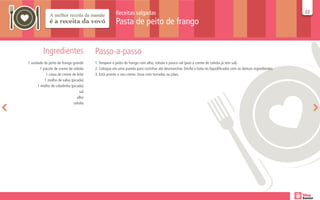 Receitas salgadas                                                                                       22
                                                                                                                                                             22

                                                     Pasta de peito de frango


          Ingredientes                  Passo-a-passo
1 unidade de peito de frango grande     1. Tempere o peito de frango com alho, cebola e pouco sal (pois o creme de cebola já tem sal).
        1 pacote de creme de cebola     2. Coloque em uma panela para cozinhar até desmanchar. Desfie e bata no liquidificador com os demais ingredientes.
            1 caixa de creme de leite   3. Está pronto o seu creme. Sirva com torradas ou pães.
           1 molho de salsa (picada)
      1 molho de cebolinha (picada)
                                  sal
                                alho
                              cebola
 