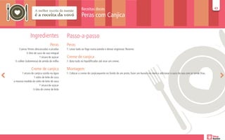 Receitas doces                                                                                                       43
                                                                                                                                                                               43

                                                          Peras com Canjica


               Ingredientes                  Passo-a-passo
                                 Peras       Peras
    3 peras firmes descascadas e picadas     1. Levar tudo ao fogo numa panela e deixar engrossar. Reserve.
           ½ litro de suco de uva integral
                        1 xícara de açúcar   Creme de canjica
 ½ colher (sobremesa) de amido de milho      1. Bata tudo no liquidificador até virar um creme.

                Creme de canjica             Montagem
      1 xícara de canjica cozida na água     1. Colocar o creme de canjicaquente no fundo de um prato, fazer um buraco no meio e adicionar o suco de uva com as peras frias.
                 1 vidro de leite de coco
a mesma medida do vidro de leite de vaca
                       1 xícara de açúcar
                ½ lata de creme de leite
 
