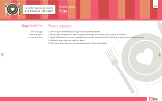 Receitas doces                                                                                                      44
                                                                                                                                                         44

                                     Sagu


Ingredientes            Passo-a-passo
     1 xícara de sagu   1. Leve ao fogo e deixe ferver até o sagu ficar transparente. Reserve.
   2 xícaras de água    2. Leve ao fogo numa panela, 1 colher de sopa de manteiga, 2 xícaras de açúcar e raspas de 1 laranja.
   1 xícara de açúcar   3. Depois de derretido e um pouco caramelizado, acrescente a essa mistura 1 litro de suco de laranja fresco sem deixar ferver.
                        4. Adicione o sagu cozido com o açúcar e água.
                        5. Deixe esfriar e leve ao freezer por aproximadamente 2 horas. Sirva gelado.
 