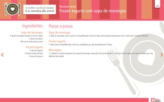 Receitas doces                                                                                                     45
                                                                                                                                                                            45

                                                         Frozen Iogurte com sopa de morangos


               Ingredientes                 Passo-a-passo
             Sopa de morangos               Sopa de morangos
½ kg de morangos lavados e sem os cabos     1. Bata os morangos com o açúcar no liquidificador e leve ao fogo numa panela juntamente com o vinho por 5 minutos. Reserve.
                      1 xícara de açúcar
            400 ml de vinho branco seco     Frozen iogurte
                                            1. Bata tudo no liquidificador e leve ao congelador por aproximadamente 2 horas.
                   Frozen iogurte
                       1 copo de iogurte    Montagem
                 1 lata de creme de leite   1. Coloque 2 conchas pequenas da sopa de morangos aquecida num prato fundo e 1 bola do frozen iogurte no meio. Decore com uma
                       1 xícara de açúcar   folhinha de hortelã.
 