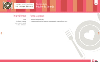 Receitas doces                                                   53
                                                                                                         53

                                        Pudim de laranja


Ingredientes                Passo-a-passo
                   6 ovos   1. Bata tudo no liquidificador.
     6 colheres de açúcar   2. Coloque numa forma com buraco no meio e leve para assar em banho maria.
1 copo de suco de laranja
     1 colher de maisena
 