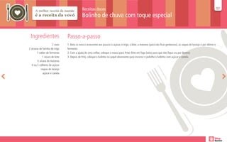 Receitas doces                                                                                                                     57
                                                                                                                                                                                 57

                                              Bolinho de chuva com toque especial


 Ingredientes                    Passo-a-passo
                       2 ovos    1. Bata os ovos e acrescente aos poucos o açúcar, o trigo, o leite, a maizena (para não ficar gorduroso), as raspas de laranja e por último o
2 xícaras de farinha de trigo    fermento.
       1 colher de fermento      2. Com a ajuda de uma colher, coloque a massa para fritar (frite em fogo baixo para que não fique cru por dentro).
             1 xícara de leite   3. Depois de frito, coloque o bolinho no papel absorvente para escorrer e polvilhe o bolinho com açúcar e canela.
        ½ xícara de maizena
   4 ou 5 colheres de açúcar
           raspas de laranja
             açúcar e canela
 