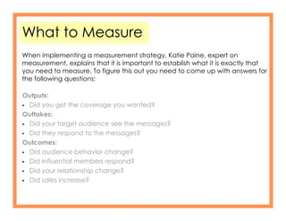What to Measure
When implementing a measurement strategy, Katie Paine, expert on
measurement, explains that it is important to establish what it is exactly that
you need to measure. To figure this out you need to come up with answers for
the following questions:

Outputs:
• Did you get the coverage you wanted?
Outtakes:
• Did your target audience see the messages?
• Did they respond to the messages?
Outcomes:
• Did audience behavior change?
• Did influential members respond?
• Did your relationship change?
• Did sales increase?
 