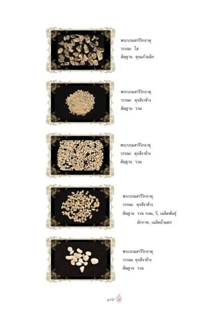 พระบรมสารีริกธาตุ
      วรรณะ ใส
      สัณฐาน ดุจแกวผลึก




      พระบรมสารีริกธาตุ
      วรรณะ ดุจสีงาชาง
      สัณฐาน รวม




      พระบรมสารีริกธาตุ
      วรรณะ ดุจสีงาชาง
      สัณฐาน รวม




       พระบรมสารีริกธาตุ
       วรรณะ ดุจสีงาชาง
       สัณฐาน รวม กลม, รี, เมล็ดพันธุ
               ผักกาด, เมล็ดถั่วแตก



       พระบรมสารีริกธาตุ
       วรรณะ ดุจสีงาชาง
       สัณฐาน รวม




๑๙๔
 