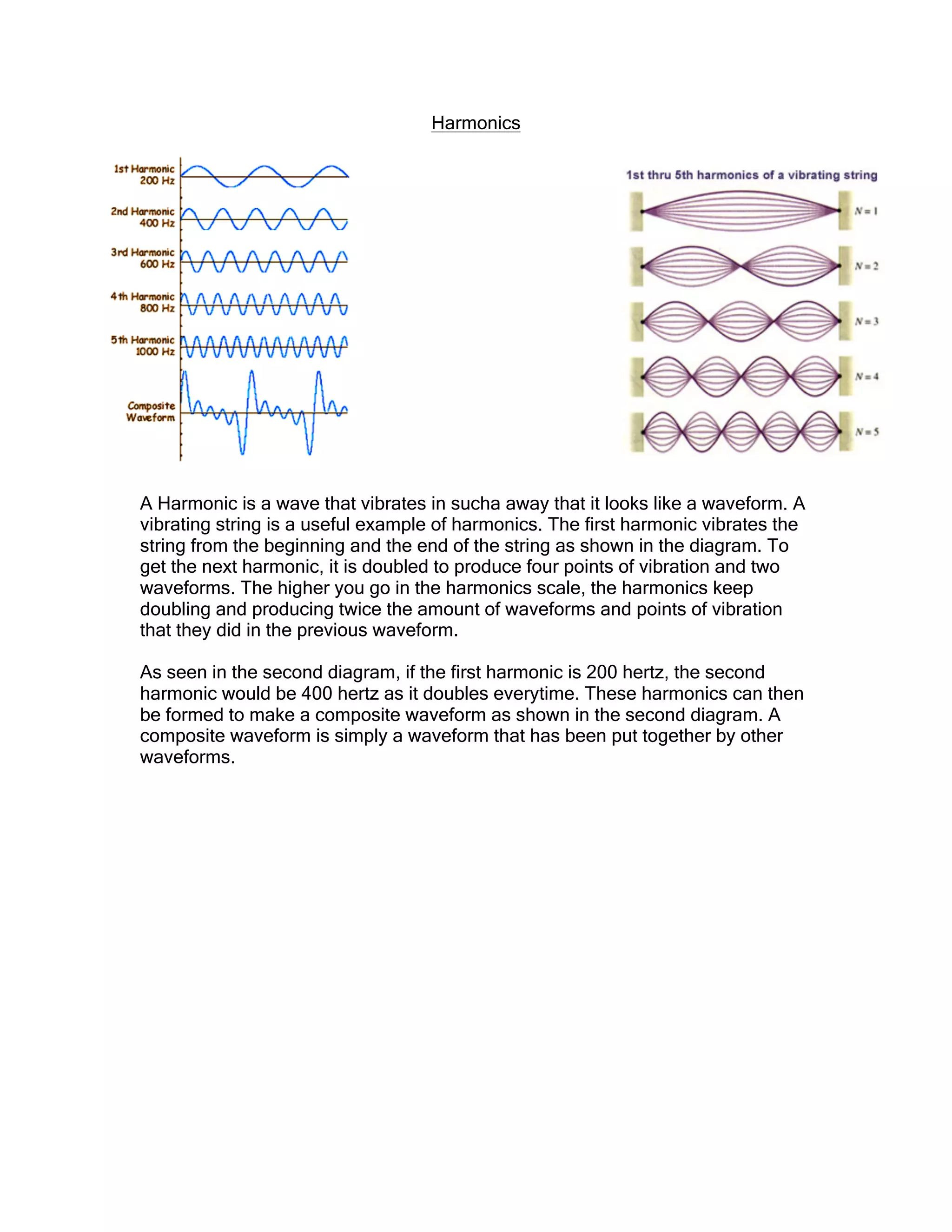 Harmonics
A Harmonic is a wave that vibrates in sucha away that it looks like a waveform. A
vibrating string is a useful example of harmonics. The first harmonic vibrates the
string from the beginning and the end of the string as shown in the diagram. To
get the next harmonic, it is doubled to produce four points of vibration and two
waveforms. The higher you go in the harmonics scale, the harmonics keep
doubling and producing twice the amount of waveforms and points of vibration
that they did in the previous waveform.
As seen in the second diagram, if the first harmonic is 200 hertz, the second
harmonic would be 400 hertz as it doubles everytime. These harmonics can then
be formed to make a composite waveform as shown in the second diagram. A
composite waveform is simply a waveform that has been put together by other
waveforms.
 