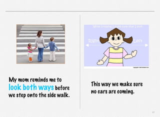 My mom reminds me to
look both ways before
we step onto the side walk.

This way we make sure
no cars are coming.

17

 