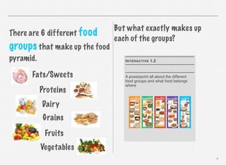 There are 6 different food

groups that make up the food
pyramid.

But what exactly makes up
each of the groups?
I NTERACTIVE 1.2

Fats/Sweets
Proteins

A powerpoint all about the different
food groups and what food belongs
where

Dairy
Grains
Fruits
Vegetables
6

 