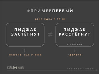 П И Д Ж А К
З А С Т Ё Г Н У Т
П И Д Ж А К
Р А С С Т Ё Г Н У Т
С П Л А Т К О М
‘ Д О Р О Г О ’О Б Ы Ч Н О , К А К У В С Е Х
# П Р И М Е Р П Е Р В Ы Й
Ч Т О ‘ В И Д Я Т ’ Л Ю Д И :
≠
Ц Е Н А О Д Н А И Т А Ж Е
 