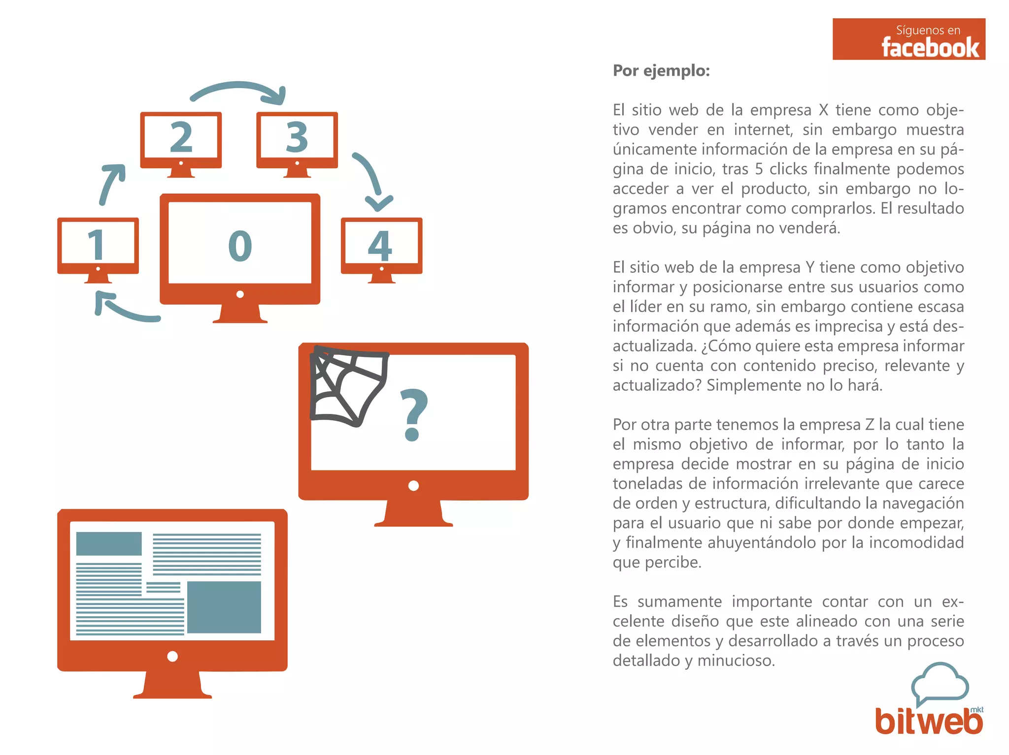 Síguenos en
Por ejemplo:
El sitio web de la empresa X tiene como obje-
tivo vender en internet, sin embargo muestra
únicamente información de la empresa en su pá-
gina de inicio, tras 5 clicks finalmente podemos
acceder a ver el producto, sin embargo no lo-
gramos encontrar como comprarlos. El resultado
es obvio, su página no venderá.
El sitio web de la empresa Y tiene como objetivo
informar y posicionarse entre sus usuarios como
el líder en su ramo, sin embargo contiene escasa
información que además es imprecisa y está des-
actualizada. ¿Cómo quiere esta empresa informar
si no cuenta con contenido preciso, relevante y
actualizado? Simplemente no lo hará.
Por otra parte tenemos la empresa Z la cual tiene
el mismo objetivo de informar, por lo tanto la
empresa decide mostrar en su página de inicio
toneladas de información irrelevante que carece
de orden y estructura, dificultando la navegación
para el usuario que ni sabe por donde empezar,
y finalmente ahuyentándolo por la incomodidad
que percibe.
Es sumamente importante contar con un ex-
celente diseño que este alineado con una serie
de elementos y desarrollado a través un proceso
detallado y minucioso.
0
 