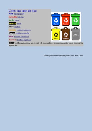 Cores das latas de lixo
Azul: papel/papelão
Vermelho: plástico
Verde: vidro
Amarelo: metal
Preto: madeira
Laranja: resíduos perigosos
Branco: resíduo hospitalar
Roxo: resíduos radioativos
Marrom: resíduos orgânicos
Cinza: resíduo geralmente não reciclável, misturado ou contaminado, não sendo possível de
separação.
Produções desenvolvidas pela turma do 8° ano.
 