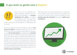 7
O que mais eu ganho com o Buybox?
Com o seu nome em evidência ocu-
pando o Buybox, aparecer nesse es-
paço pode representar um aumento
significativo de vendas. Já pensou
nos benefícios para a sua loja? Com
uma exposição maior, será muito mais
atrativo para quem está navegando no Marketplace dar
um clique.
Para se ter uma ideia do poder do Buybox, saiba que US$
56 dos 62 bilhões vendidos pela Amazon.com em 2015
vieram das lojas que ocupavam esse lugar de destaque,
ou seja, 90% do faturamento da plataforma foi convertido
pelos varejistas que apareciam nesse topo.Imagine então
que você consiga manter uma determinada oferta dentro
do BuyBox por um grande período de tempo sem inter-
rupções. Se você estiver no topo durante um mês todo,
por exemplo, isso significa que durante 30 dias todos as
pessoas interessadas que clicaram no link visualizaram a
sua oferta. Dependendo da popularidade do produto e da
abrangência do Marketplace, isso poderá resultar em um
grande volume de conversões.
Além disso tudo, isso não apenas favorece a venda para
o seu negócio, mas também promove a consistência da
sua loja no mercado online. Assim você pode ter uma
previsão maior dos resultados de vendas e ganhar mais
estabilidade.
?!
 