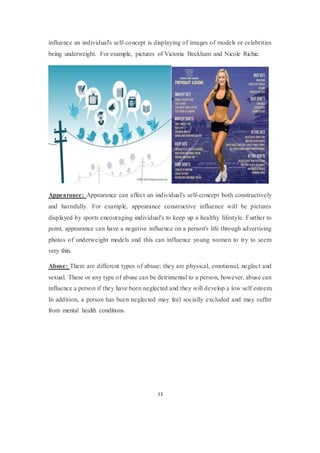 13
influence an individual's self-concept is displaying of images of models or celebrities
being underweight. For example, pictures of Victoria Beckham and Nicole Richie.
Appearance: Appearance can affect an individual's self-concept both constructively
and harmfully. For example, appearance constructive influence will be pictures
displayed by sports encouraging individual's to keep up a healthy lifestyle. Further to
point, appearance can have a negative influence on a person's life through advertising
photos of underweight models and this can influence young women to try to seem
very thin.
Abuse: There are different types of abuse; they are physical, emotional, neglect and
sexual. These or any type of abuse can be detrimental to a person, however, abuse can
influence a person if they have been neglected and they will develop a low self esteem.
In addition, a person has been neglected may feel socially excluded and may suffer
from mental health conditions.
 