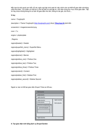 N u b n là m t ngư i am hi u v các ngôn ng l p trình web thì vi c ch nh s a và thi t k giao di n s không
m y khó khăn. Tuy nhiên có m t lưu ý nh là ph i có m t t p tin .info n m trong thư m c ch a giao di n. T p
tin này ch a nh ng thông tin cơ b n v giao di n như tên, thông tin tác gi , chú thích,…
Ví d :
name = Tonghop24
description = Theme Tonghop24 (http://tonghop24.com/) đư c T ng h p 24 phát tri n
screenshot = images/screenshot.png
core = 7.x
engine = phptemplate
; Regions
regions[header] = Header
regions[superfish_menu] = Superfish Menu
regions[highlighted] = Highlighted
regions[banner] = Banner
regions[preface_one] = Preface One
regions[preface_two] = Preface Two
regions[preface_three] = Preface Three
regions[content] = Content
regions[sidebar_first] = Sidebar First
regions[sidebar_second] = Sidebar Second
Ngoài ra, b n có th t o giao di n Drupal 7 theo sơ đ sau:
6. T o giao di n m i b ng d ch v Drupal Garden
 