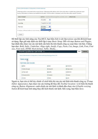 Để thiết lập các tính năng của TinyMCE, bạn bấm Edit ở cột Operations sau khi đã kích hoạt
sử dụng. Bạn giữ mặc định các thiết lập ở mục Basic Setup. Đối với mục Button and Plugins,
bạn đánh dấu chọn vào các nút lệnh cần hiển thị trên thanh công cụ soạn thảo văn bản. Chẳng
hạn như: Bold, Italic, Underline, Align right, Justify, Copy, Paste, Cut, Image, Link, Font, Font
size, Font style, HTML block format, Table, Media,…
Ngoài ra, bạn còn có thể tùy chỉnh về cách hiển thị của các nút lệnh trên thanh công cụ. Ở mục
Editor Appearance, bạn chọn vào các trường để thay đổi Toolbar location- vị trí hiển thị thanh
công cụ, Button Alignment- canh chỉnh các nút lệnh và đánh dấu chọn vào ô Enable resizing
button để kích hoạt tính năng thay đổi kích thước nút lệnh. Khi xong, bạn bấm Save.
 