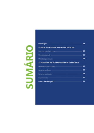 Introdução
AS ESCOLAS DE GERENCIAMENTO DE PROJETOS
Metodologias Tradicionais
Metodologia Ágil
Metodologias Visuais
AS FERRAMENTAS DE GERENCIAMENTO DE PROJETOS
Ferramentas Tradicionais
Ferramentas Ágeis
Ferramentas Visuais
Encerramento
Seed e o NetProject
03
04
05
05
07
09
09
10
11
SUMÁRIO
 