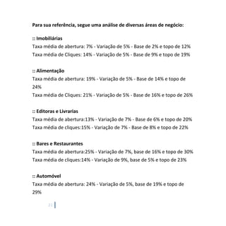 21
Para sua referência, segue uma análise de diversas áreas de negócio:
:: Imobiliárias
Taxa média de abertura: 7% - Variação de 5% - Base de 2% e topo de 12%
Taxa média de Cliques: 14% - Variação de 5% - Base de 9% e topo de 19%
:: Alimentação
Taxa média de abertura: 19% - Variação de 5% - Base de 14% e topo de
24%
Taxa média de Cliques: 21% - Variação de 5% - Base de 16% e topo de 26%
:: Editoras e Livrarias
Taxa média de abertura:13% - Variação de 7% - Base de 6% e topo de 20%
Taxa média de cliques:15% - Variação de 7% - Base de 8% e topo de 22%
:: Bares e Restaurantes
Taxa média de abertura:25% - Variação de 7%, base de 16% e topo de 30%
Taxa média de cliques:14% - Variação de 9%, base de 5% e topo de 23%
:: Automóvel
Taxa média de abertura: 24% - Variação de 5%, base de 19% e topo de
29%
 