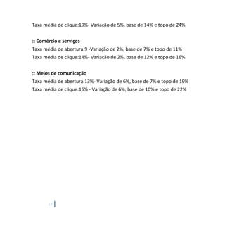 22
Taxa média de clique:19%- Variação de 5%, base de 14% e topo de 24%
:: Comércio e serviços
Taxa média de abertura:9 -Variação de 2%, base de 7% e topo de 11%
Taxa média de clique:14%- Variação de 2%, base de 12% e topo de 16%
:: Meios de comunicação
Taxa média de abertura:13%- Variação de 6%, base de 7% e topo de 19%
Taxa média de clique:16% - Variação de 6%, base de 10% e topo de 22%
 