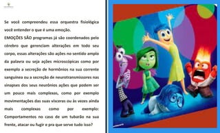Se você compreendeu essa orquestra fisiológica
você entender o que é uma emoção.
EMOÇÕES SÃO programas já são coordenados pelo
cérebro que gerenciam alterações em todo seu
corpo, essas alterações são ações no sentido amplo
da palavra ou seja ações microscópicas como por
exemplo a secreção de hormônios na sua corrente
sanguínea ou a secreção de neurotransmissores nas
sinapses dos seus neurônios ações que podem ser
um pouco mais complexas, como por exemplo
movimentações das suas vísceras ou às vezes ainda
mais complexas como por exemplo:
Comportamentos no caso de um tubarão na sua
frente, atacar ou fugir e pra que serve tudo isso?
ESPAÇO RESERVADO
PARA IMAGEM
 