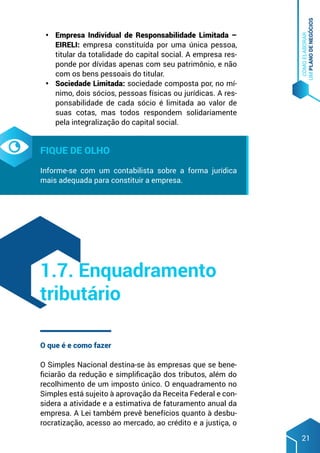 COMO
ELABORAR
UM
PLANO
DE
NEGÓCIOS
21
•	 Empresa Individual de Responsabilidade Limitada –
EIRELI: empresa constituída por uma única pessoa,
titular da totalidade do capital social. A empresa res-
ponde por dívidas apenas com seu patrimônio, e não
com os bens pessoais do titular.
•	 Sociedade Limitada: sociedade composta por, no mí-
nimo, dois sócios, pessoas físicas ou jurídicas. A res-
ponsabilidade de cada sócio é limitada ao valor de
suas cotas, mas todos respondem solidariamente
pela integralização do capital social.
Fique de olho
Informe-se com um contabilista sobre a forma jurídica
mais adequada para constituir a empresa.
O que é e como fazer
O Simples Nacional destina-se às empresas que se bene-
ficiarão da redução e simplificação dos tributos, além do
recolhimento de um imposto único. O enquadramento no
Simples está sujeito à aprovação da Receita Federal e con-
sidera a atividade e a estimativa de faturamento anual da
empresa. A Lei também prevê benefícios quanto à desbu-
rocratização, acesso ao mercado, ao crédito e a justiça, o
1.7. Enquadramento
tributário
 